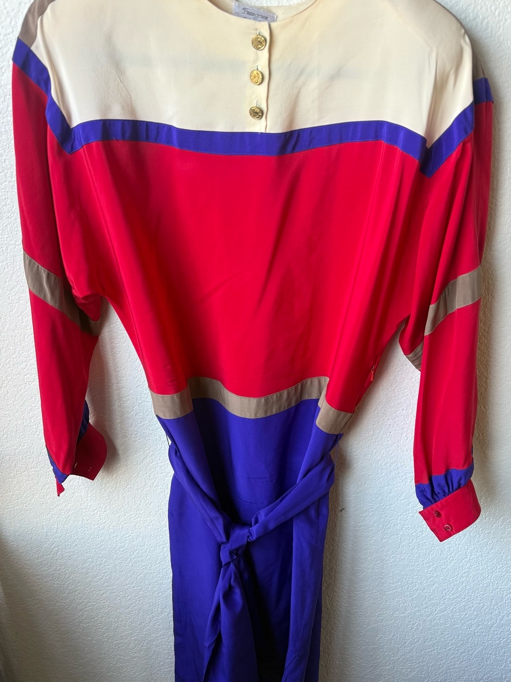 Francesca's Collections Cream, Red, Purple Silk Dress with Belt Size 12